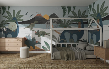 A children’s bedroom featuring the Dinosaur and Friends Wallpaper Mural, wooden furniture, a house-shaped bed frame, and a woven rug—earthy greens make it ideal for nurseries and playful kids’ spaces.