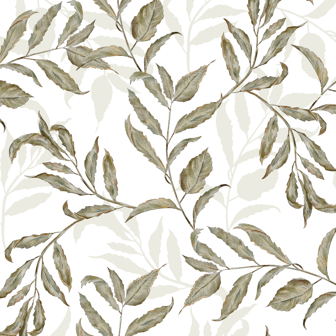Dreamy Vines Wallpaper Repeat Pattern features hand-drawn olive green leaves and branches on white, accented by lighter leaf silhouettes for a layered botanical look—ideal for botanical wallpaper décor.