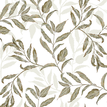 Dreamy Vines Wallpaper Repeat Pattern features hand-drawn olive green leaves and branches on white, accented by lighter leaf silhouettes for a layered botanical look—ideal for botanical wallpaper décor.
