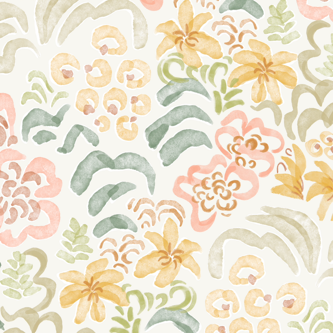 Floret Dreamscape Wallpaper Repeat Pattern: a seamless watercolor design with abstract shapes and stylized flowers in soft yellow, peach, green, and beige on a light background—ideal for wildflower wallpaper or unique garden-inspired decor.