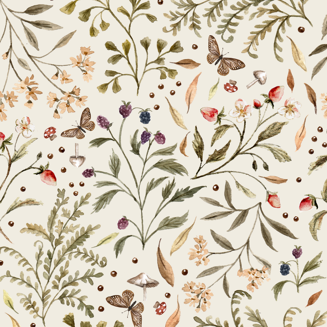 Forest Floor Wallpaper Repeat Pattern features a seamless design of watercolor leaves, strawberries, berries, small flowers, mushrooms, and butterflies on a light background—perfect for adding a nature-inspired woodland touch to any space.