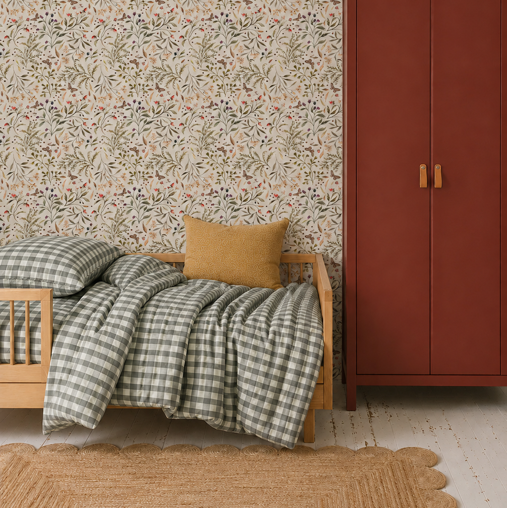 A cozy bedroom with a wooden bed, green plaid bedding, a mustard pillow, a red wardrobe, Forest Floor Wallpaper, white wood floors, and a woven rug.