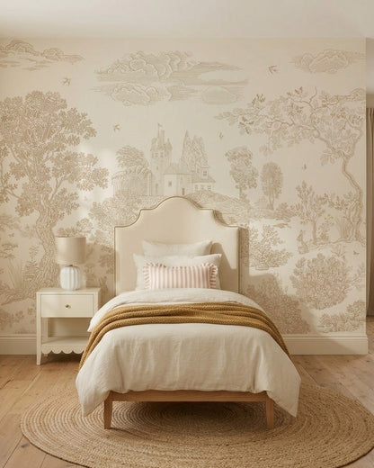 A cozy bedroom features a single bed with neutral bedding and layered pillows. A round jute rug warms the wooden floor, while the wall displays the Forest Hideaway Mural, Neutral—a nature-inspired wallpaper scene.