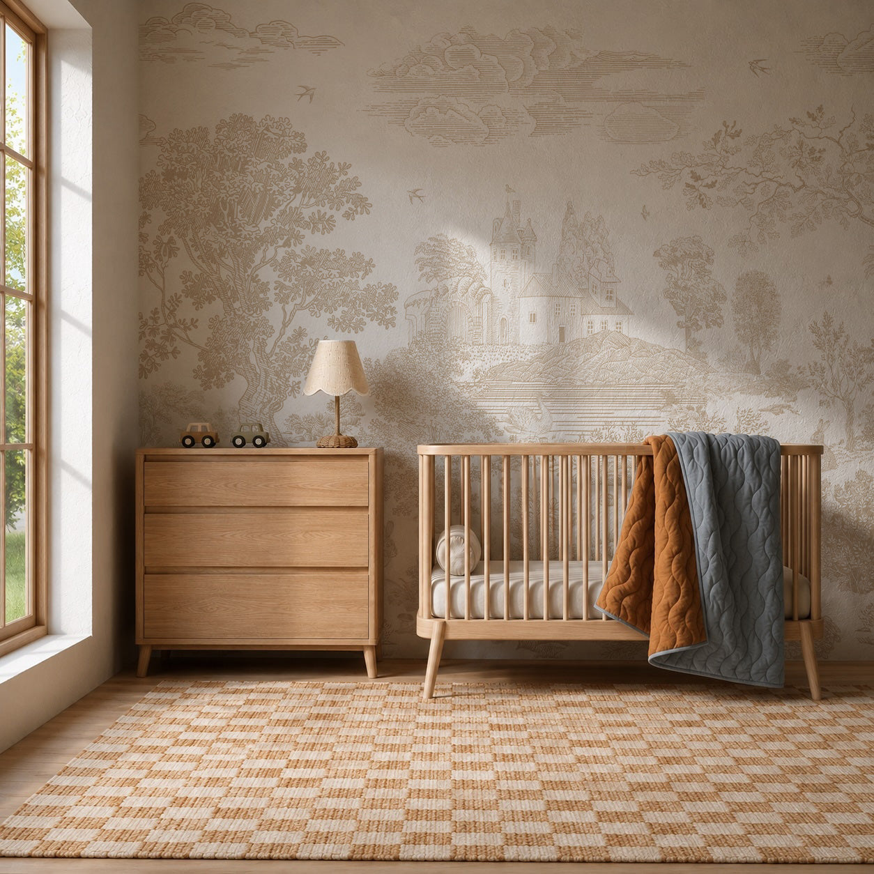 A sunny nursery with a wooden crib, dresser, lamp, and quilt features a beige checkered rug and the Forest Hideaway Mural, Neutral—a whimsical neutral-toned mural of trees and a castle. Natural light streams in from a large window on the left.