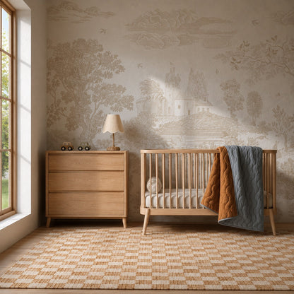 A sunny nursery with a wooden crib, dresser, lamp, and quilt features a beige checkered rug and the Forest Hideaway Mural, Neutral—a whimsical neutral-toned mural of trees and a castle. Natural light streams in from a large window on the left.