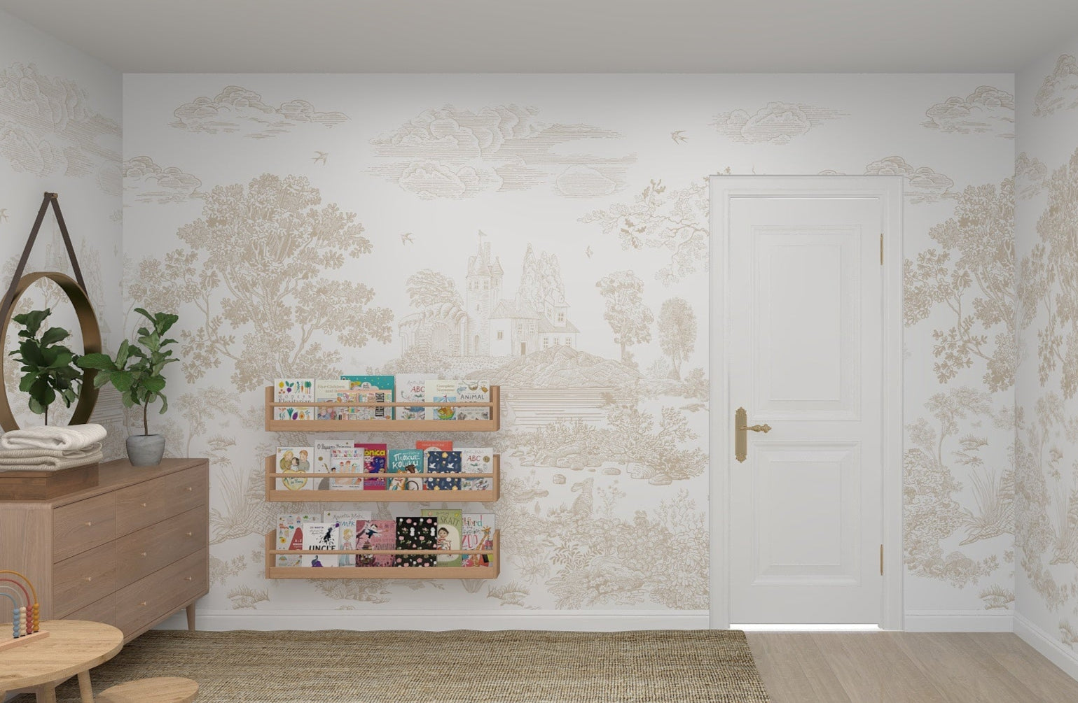 A childrens bedroom features the Forest Hideaway Wallpaper Neutral, creating a serene forest ambiance. A small wooden table with four stools sits on a textured rug, a plant-adorned wooden dresser stands nearby, and a colorful wall-mounted bookshelf is placed near the white door.