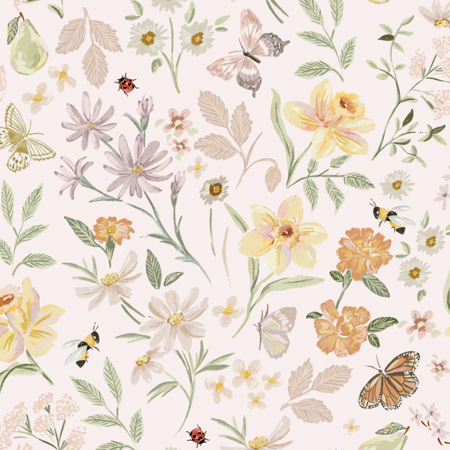 Garden Symphony Wallpaper Repeat Pattern features seamless watercolor-style flowers, butterflies, bees, and ladybugs on a light beige background, creating a soft springtime ambiance.