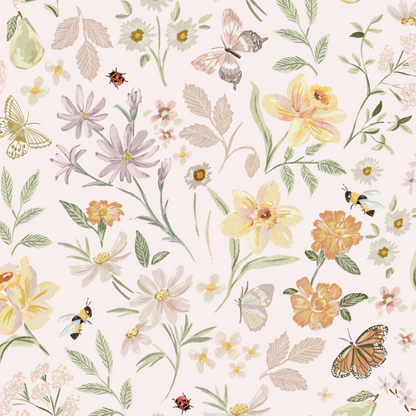 Garden Symphony Wallpaper Repeat Pattern features seamless watercolor-style flowers, butterflies, bees, and ladybugs on a light beige background, creating a soft springtime ambiance.