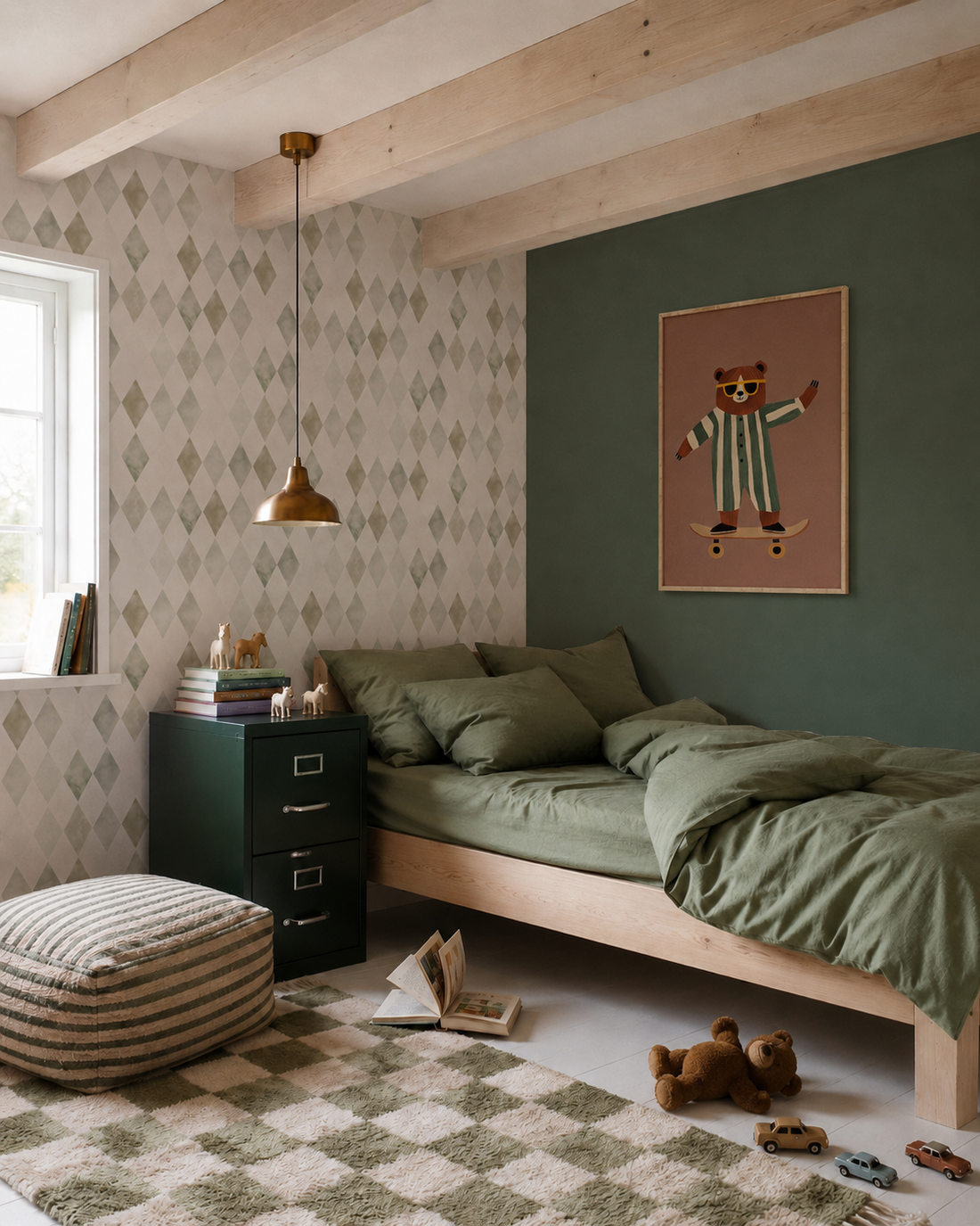A cozy bedroom with green bedding, a wooden bed, a green cabinet, and a striped ottoman. A toy car, teddy bear, and open book rest on the checkered rug. The wall features colourful decor and Harlequin Watercolour Wallpaper in Green.