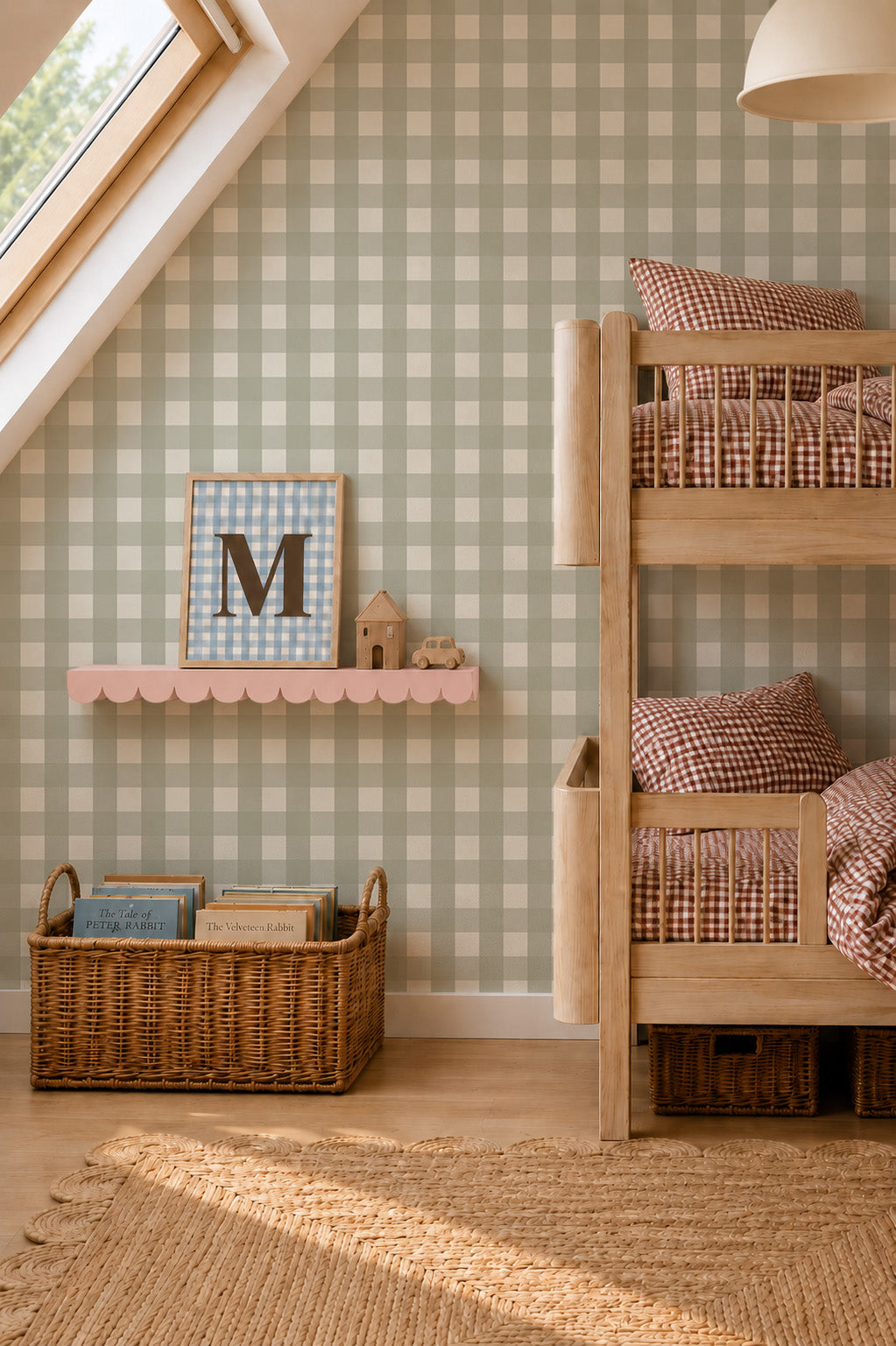 A child’s bedroom with a wooden bunk bed, a scalloped shelf displaying a framed letter M, and a basket of books against Large Check Wallpaper Sample, Green.