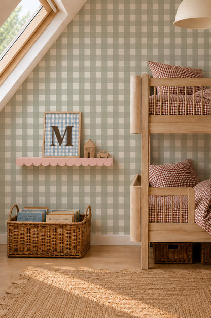A child’s bedroom with a wooden bunk bed, a scalloped shelf displaying a framed letter M, and a basket of books against Large Check Wallpaper Sample, Green.