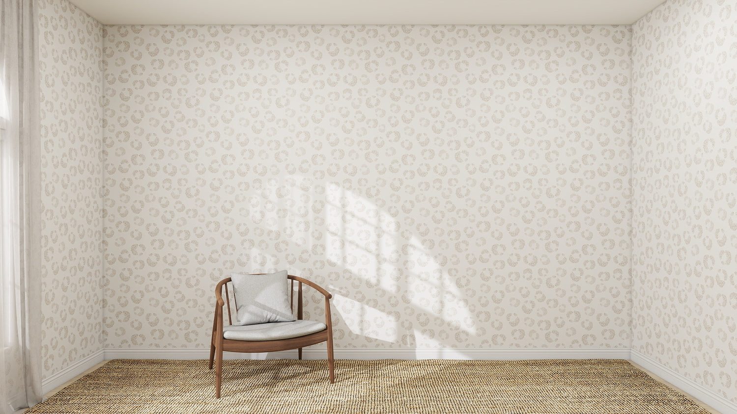A minimal room with Hallie Leopard Print Wallpaper Repeat Pattern in beige, a brown wooden chair with a gray cushion, woven rug flooring, and sunlight casting window shadows on the wall.