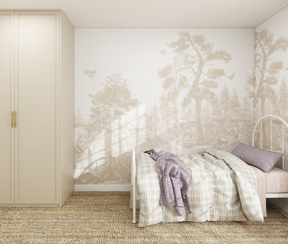 A cozy bedroom with a single bed, light bedding, a purple pillow, and a draped blanket. The wall features the Into The Forest Wallpaper Mural Neutral, while a beige wardrobe sits on a woven rug for serene, minimalist style.