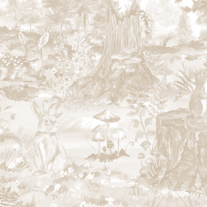 The Into The Forest Wallpaper Mural Neutral features a sepia woodland scene with a deer, rabbit, squirrel on a tree stump, plus mushrooms and flowers—a charming way to bring nature’s beauty into your space.