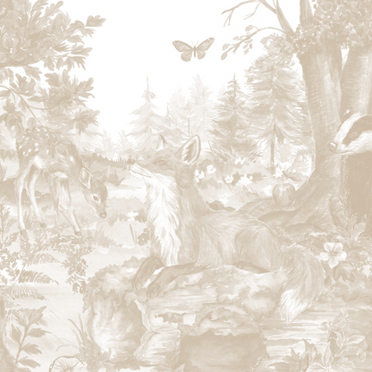 The Into The Forest Wallpaper Mural Neutral features a sepia-tone hand-painted forest scene with a fox on a rock, grazing deer, a badger, tall trees, flowers, and a butterfly above.