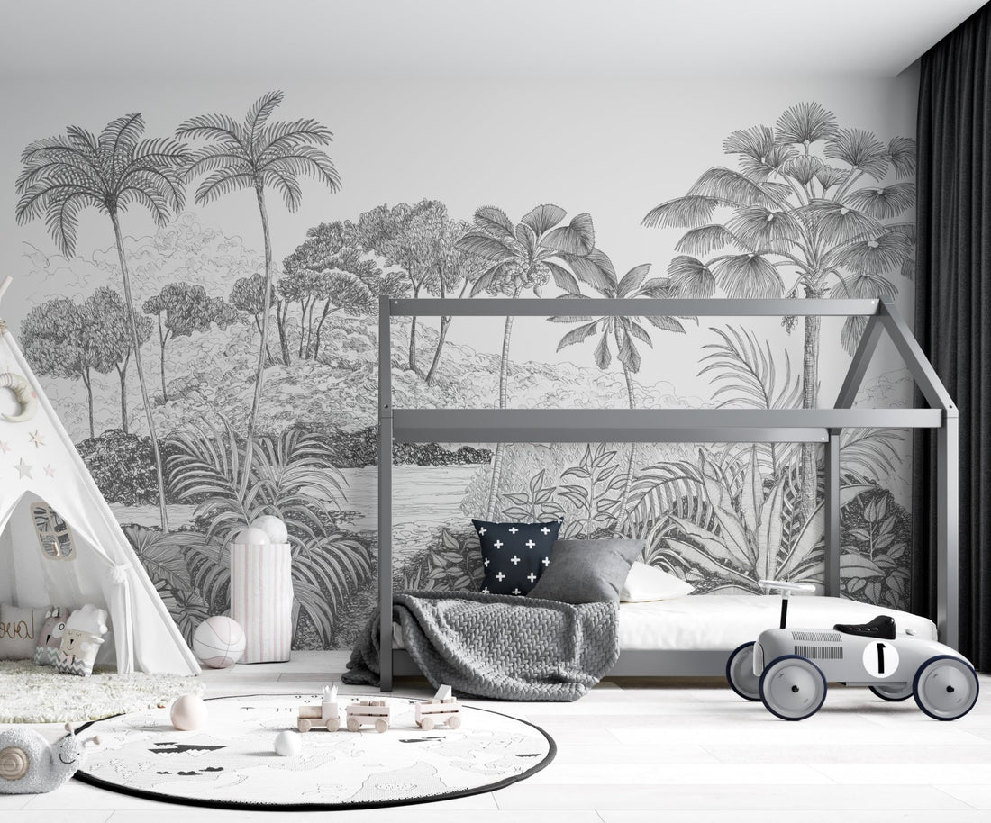 Jungle Palm Wallpaper Mural | Charcoal - Munks and Me Wallpaper