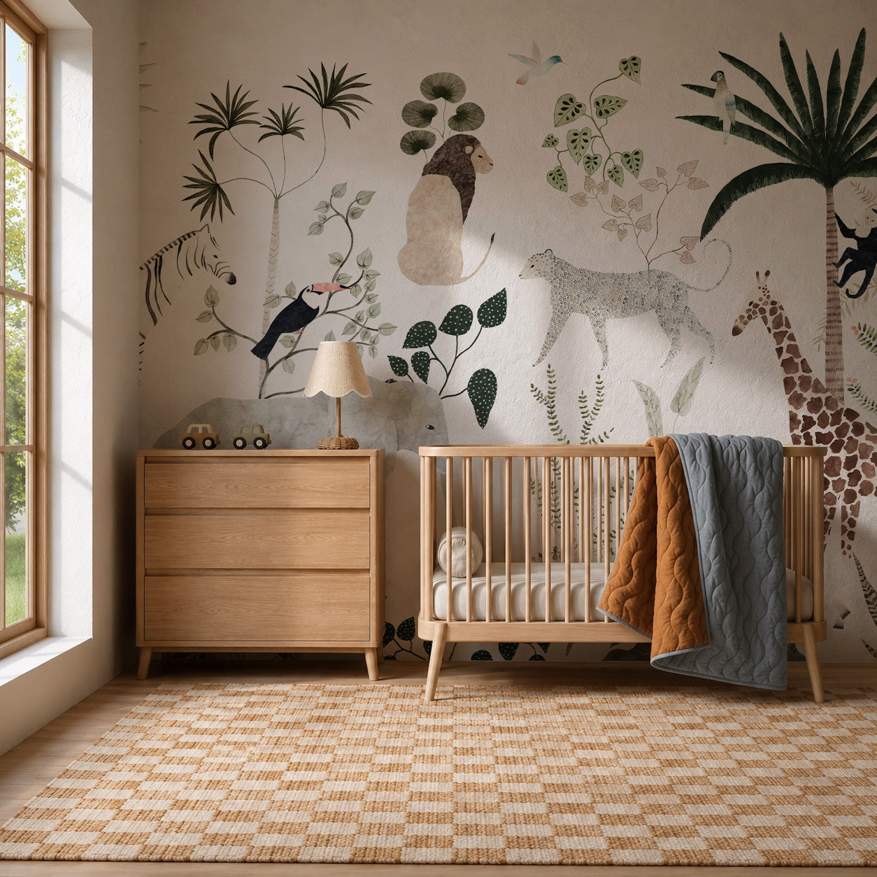 A nursery furnished with a wooden crib, dresser, lamp, toy car, and quilt. The wall is adorned with the "Jungle Dreams Mural," featuring playful animals such as a giraffe, leopard, toucan, and lush tropical plants. Sunlight streams in through a large window.