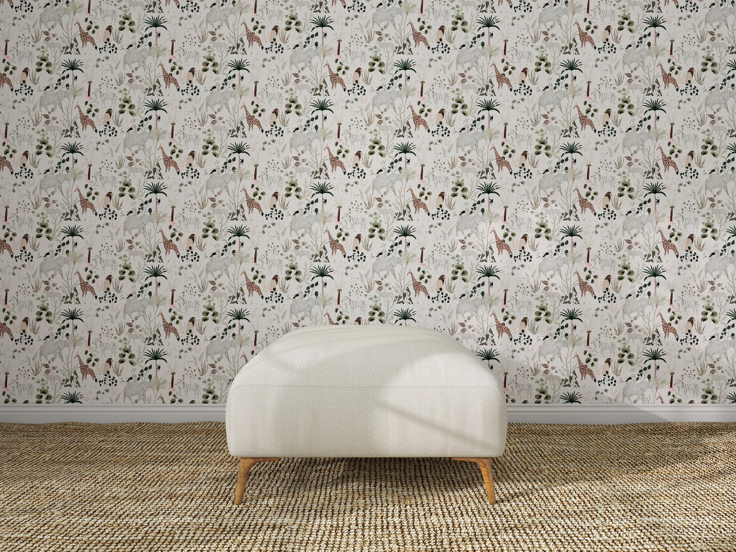 A white upholstered ottoman sits on a woven rug in front of a wall decorated with Jungle Dreams Wallpaper Repeat Pattern, showcasing colorful botanical and animal designs.