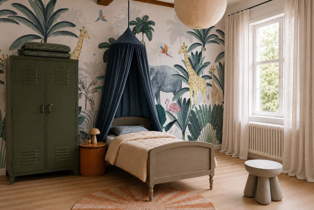 A cozy kids room featuring a Jungle Mural with playful safari animals, a single bed under a blue canopy, green locker, round side table, soft rug, and large window with sheer curtains letting in natural light.