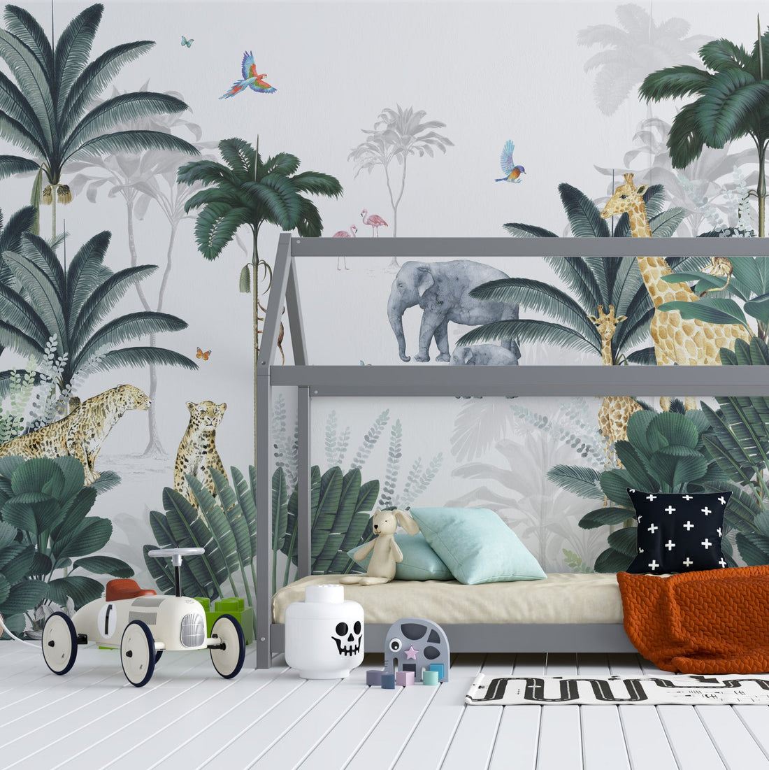 Leopard and Friends Jungle Wallpaper Mural | Blue - Munks and Me Wallpaper