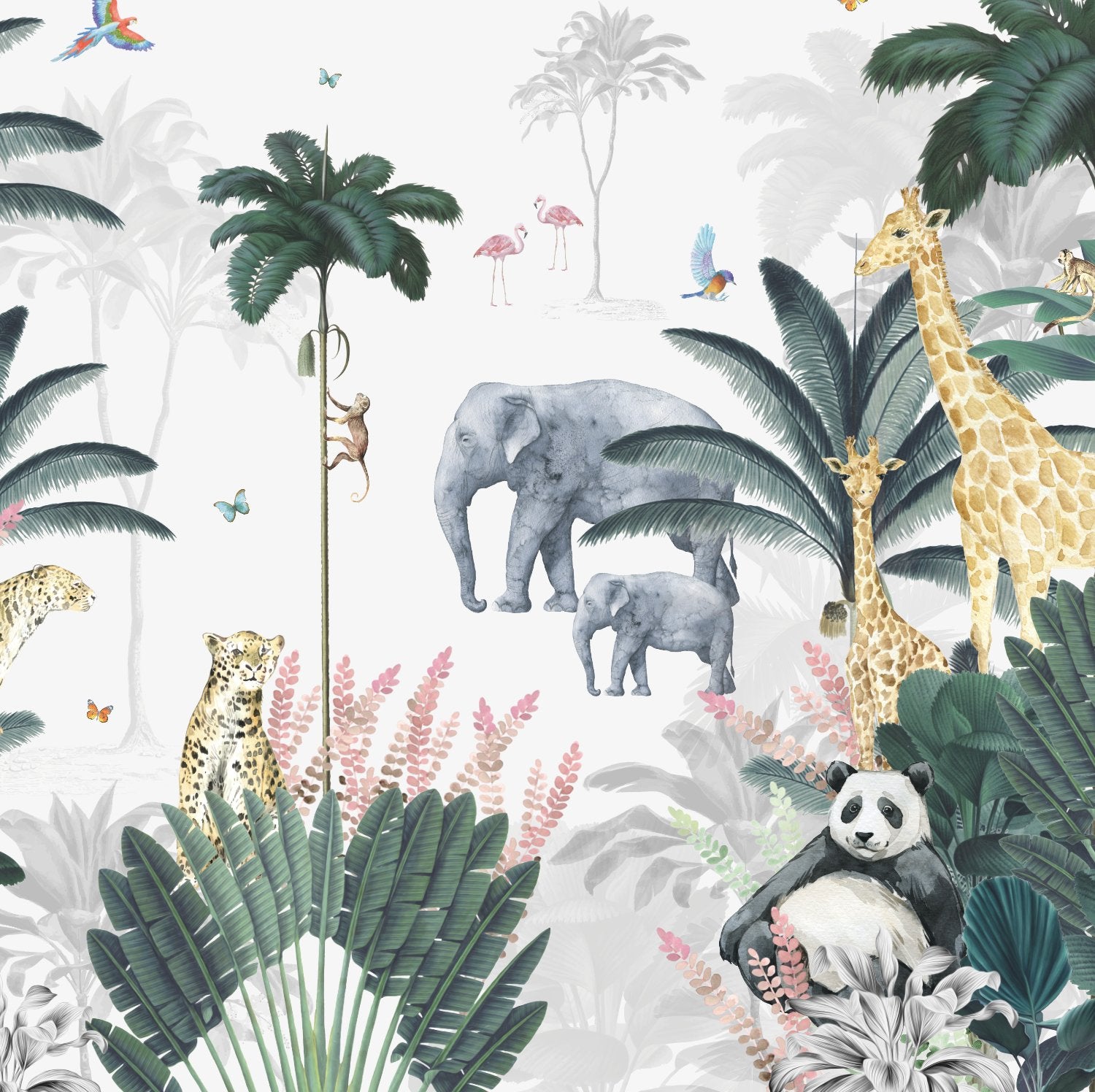 Leopard and Friends with Panda Wallpaper | Sample - Munks and Me Wallpaper