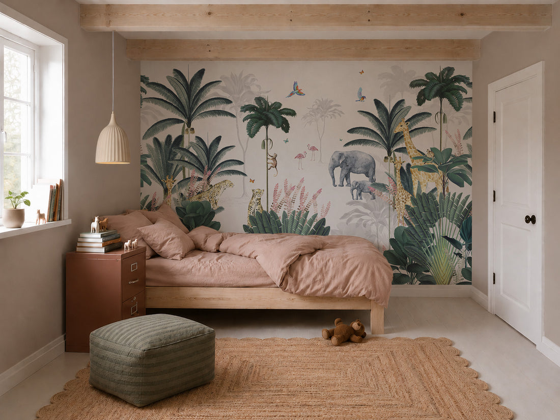 A cozy bedroom with a wooden bed, pink bedding, woven rug, green pouf, and the Leopard and Friends Jungle Mural featuring tropical plants and animals. Soft natural light streams through the window.