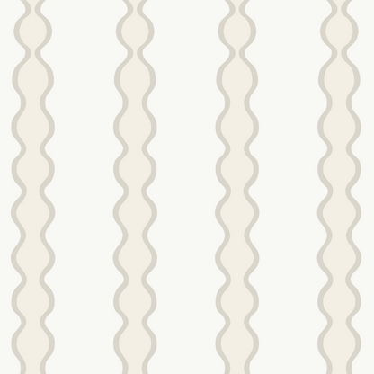 The Little Abacus Stripe Off White and Taupe Wallpaper | Sample features vertical, wavy taupe stripes on an off-white background—an ideal repeating pattern sample for online imagery.
