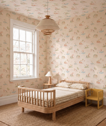 A cozy children’s bedroom with a wooden bed, checkered bedding, a side table and lamp, a yellow chair, and whimsical Little Friends Day Out Wallpaper—playful illustrations brighten the space filled with natural light from a large window.