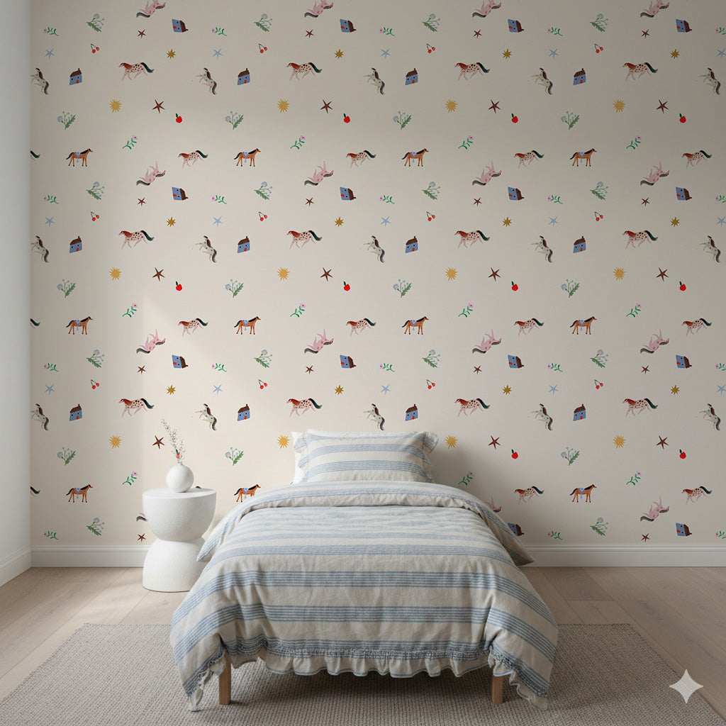 Little Paddock Wallpaper features a repeating pattern of small horses, houses, apples, and stars on a cream background, displayed behind a twin bed with blue-striped bedding.