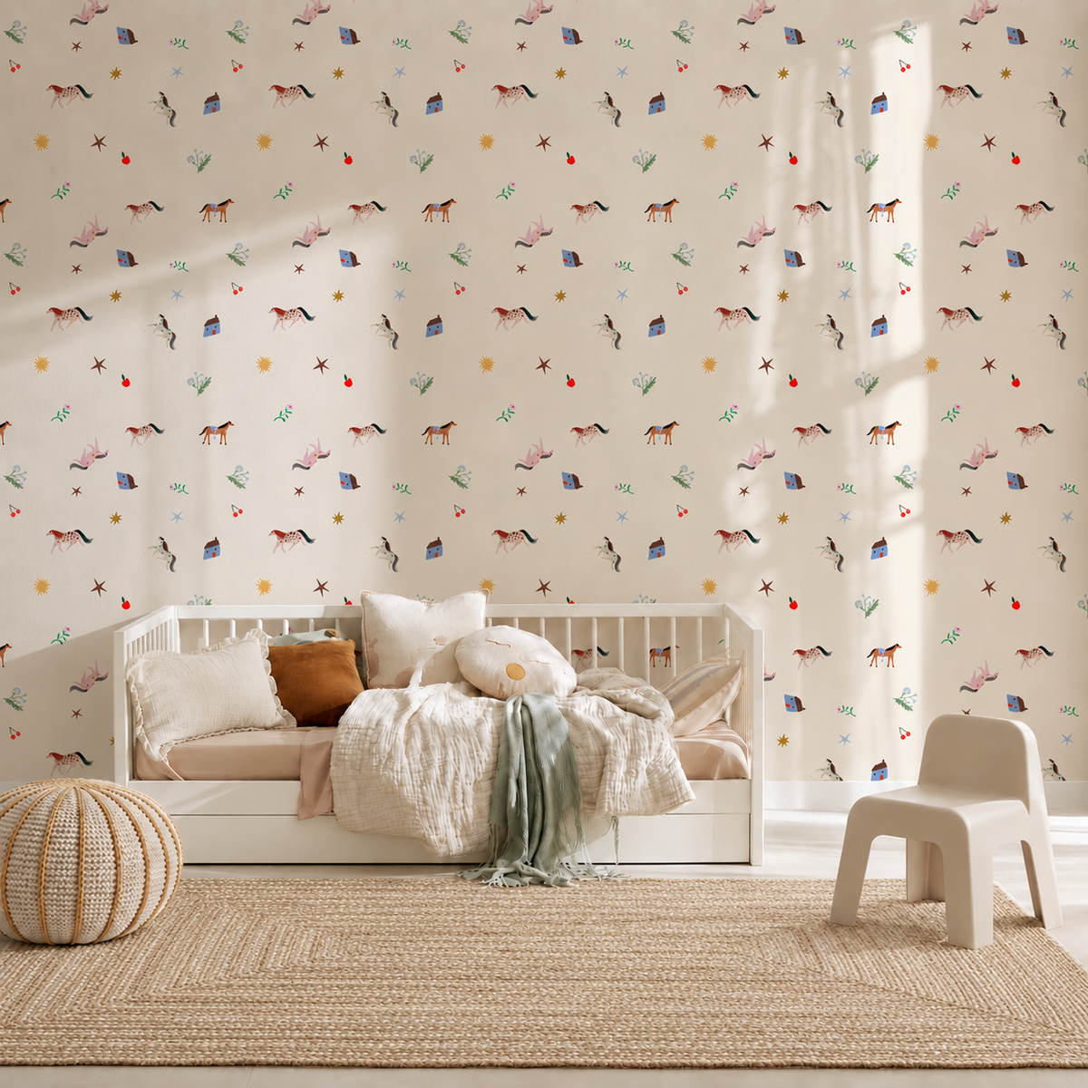 A toddler bed with neutral-toned bedding sits in front of Little Paddock Wallpaper, which features small illustrations of horses, houses, stars, and flowers.