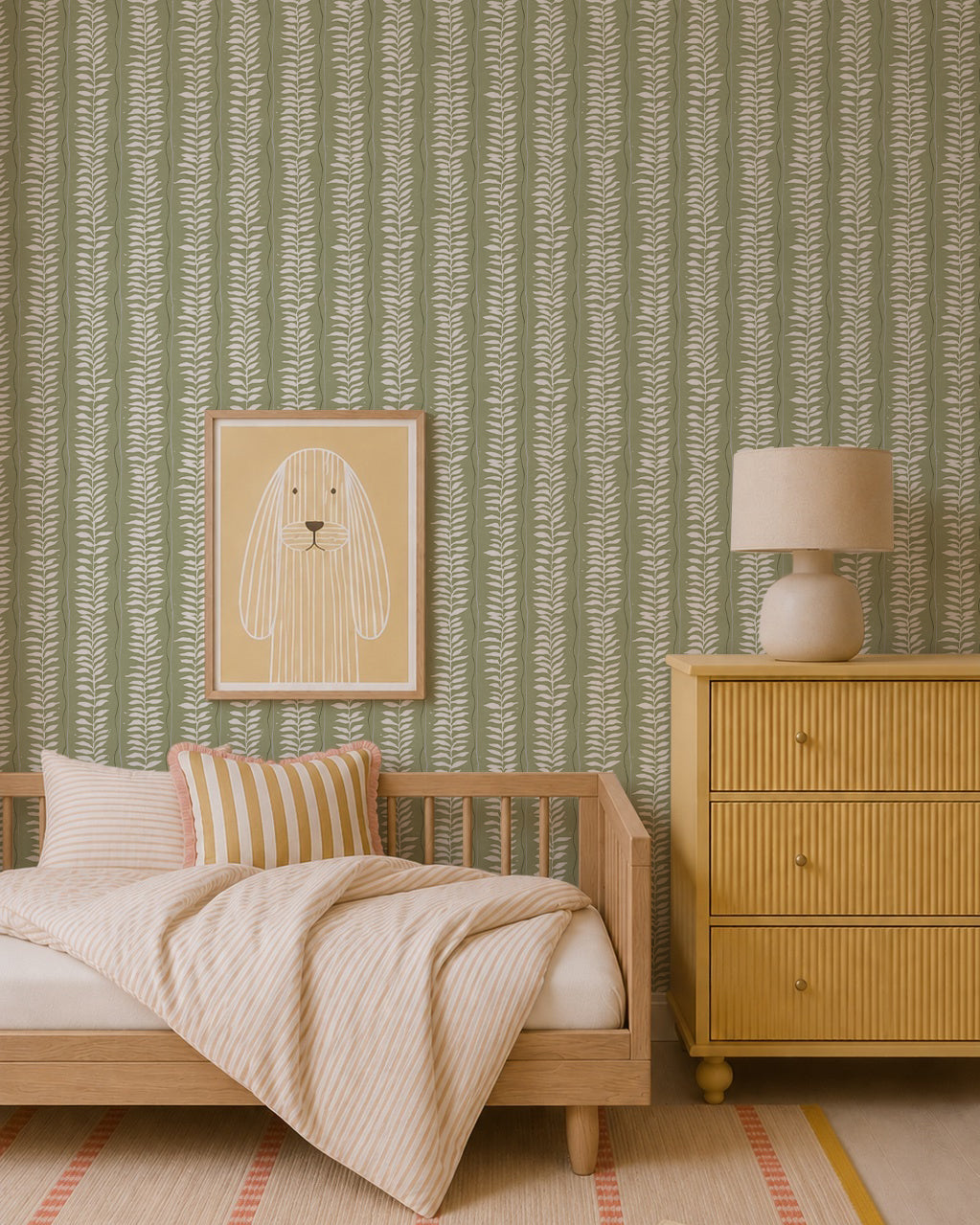 A cozy bedroom with Meadow Leaf Stripe Wallpaper in sage, a light wood bed with botanical stripe bedding, a yellow dresser with a lamp, and a framed dog print—perfect for charming nursery decor.