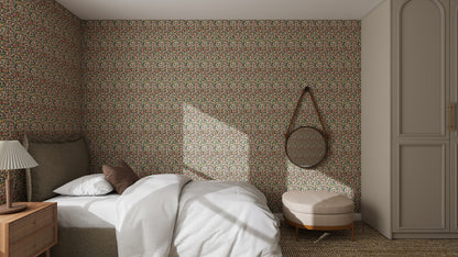 A cozy bedroom with a single bed, white bedding, Midnight Meadow Florals Wallpaper, a wooden nightstand and lamp, a round mirror with leather strap, beige ottoman, built-in wardrobe, and sunlight streaming in through the window.