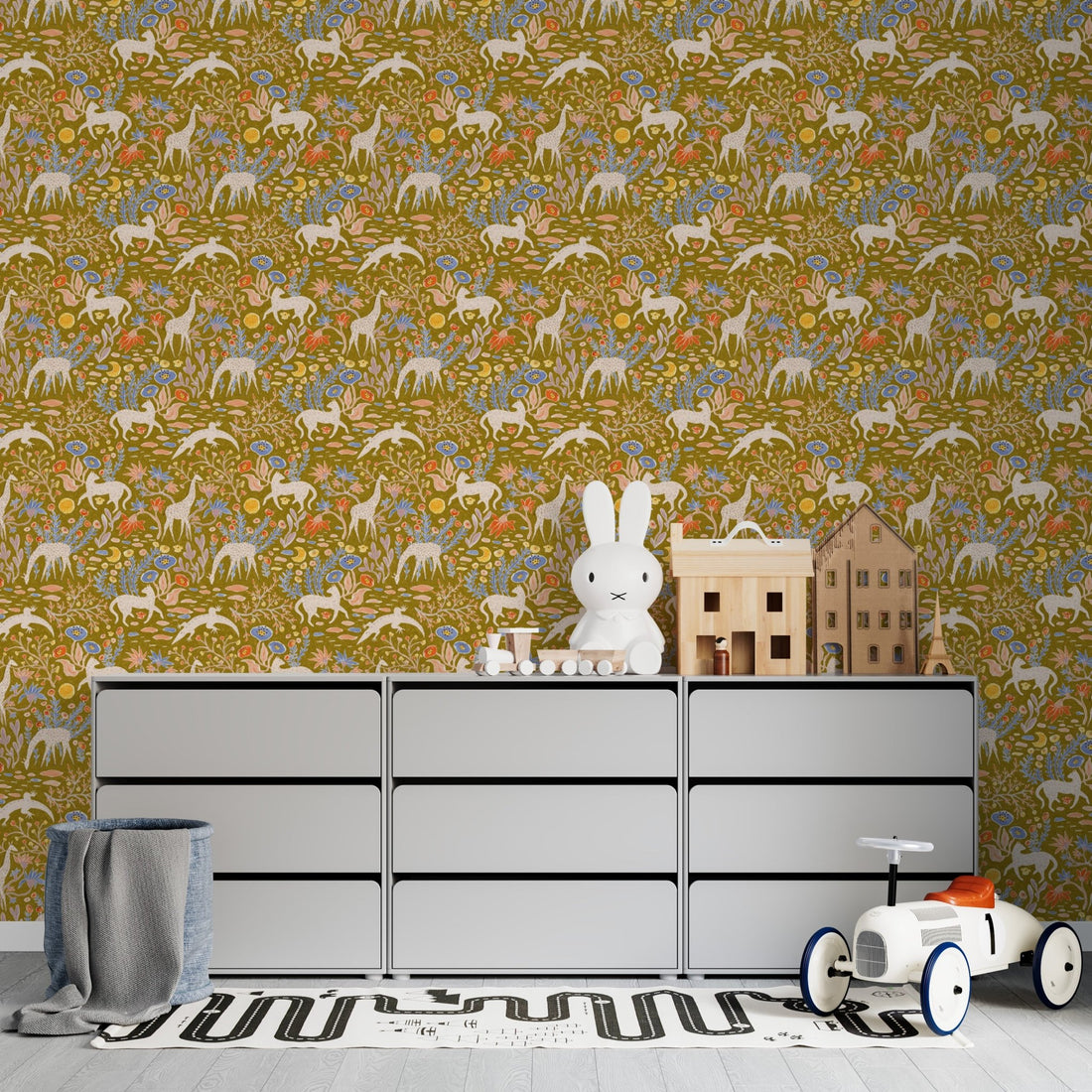 Mils Menagerie Wallpaper Repeat Pattern Gold | Sample - Munks and Me Wallpaper