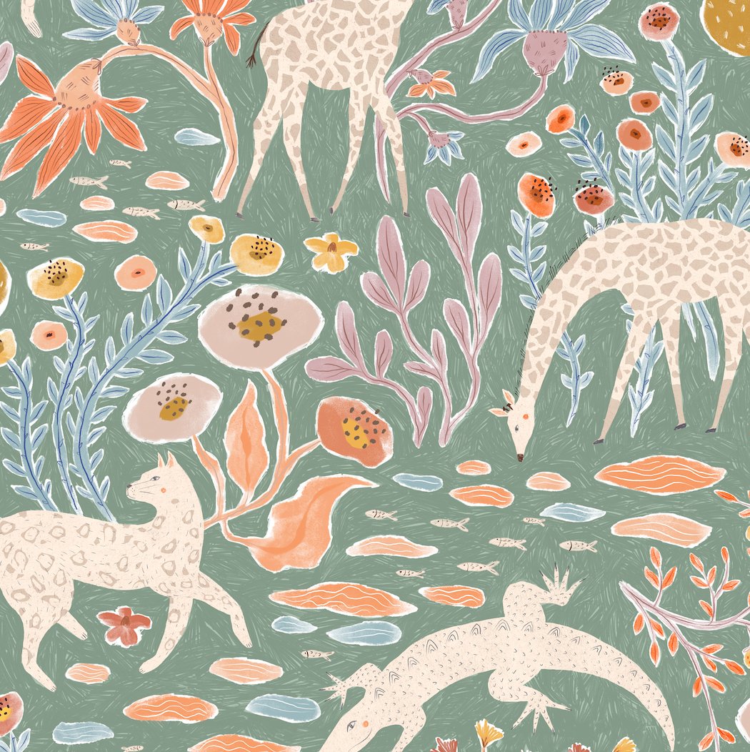 Mils Menagerie Wallpaper Repeat Pattern Sage - Munks and Me Wallpaper