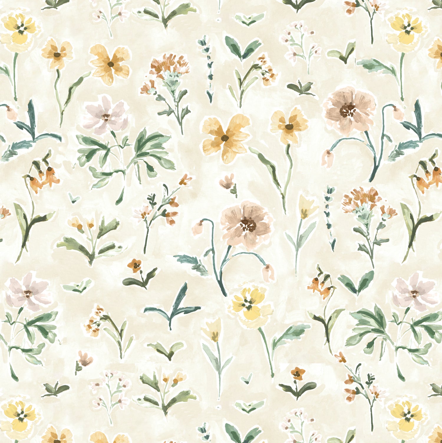 Morning Meadow Wallpaper features a seamless hand-painted watercolor pattern of wildflowers and green leaves on a light beige background, with yellow, peach, and orange blossoms—ideal as delicate floral wallpaper for children’s rooms.
