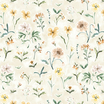 Morning Meadow Wallpaper features a seamless hand-painted watercolor pattern of wildflowers and green leaves on a light beige background, with yellow, peach, and orange blossoms—ideal as delicate floral wallpaper for children’s rooms.
