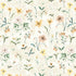 Morning Meadow Wallpaper features a seamless hand-painted watercolor pattern of wildflowers and green leaves on a light beige background, with yellow, peach, and orange blossoms—ideal as delicate floral wallpaper for children’s rooms.