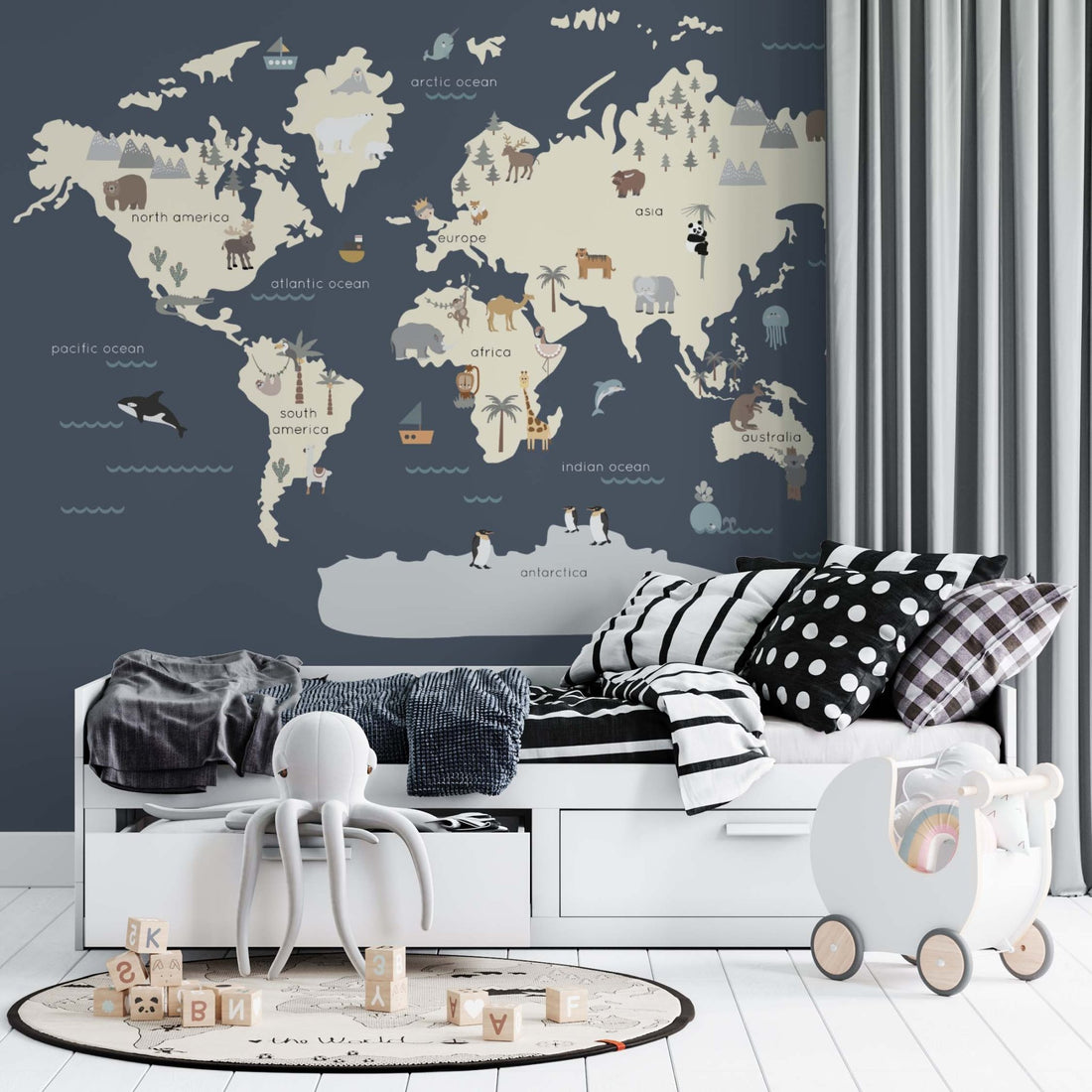 Navy Character World Map Wallpaper | Sample - Munks and Me Wallpaper