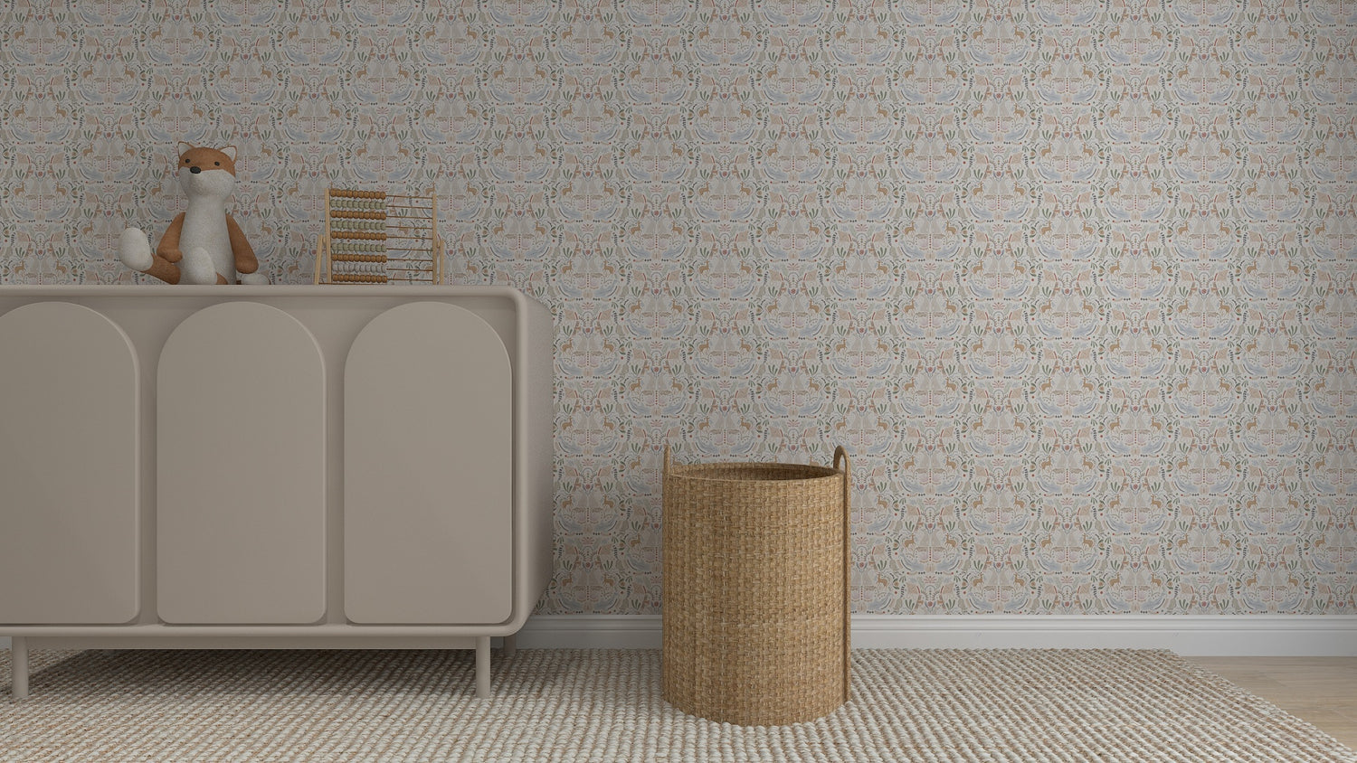 A simple nursery room with a beige cabinet holding a plush fox toy, wooden blocks, a woven basket on the floor, and Creatures Great and Small Wallpaper Repeat Pattern featuring adorable animals in the background.