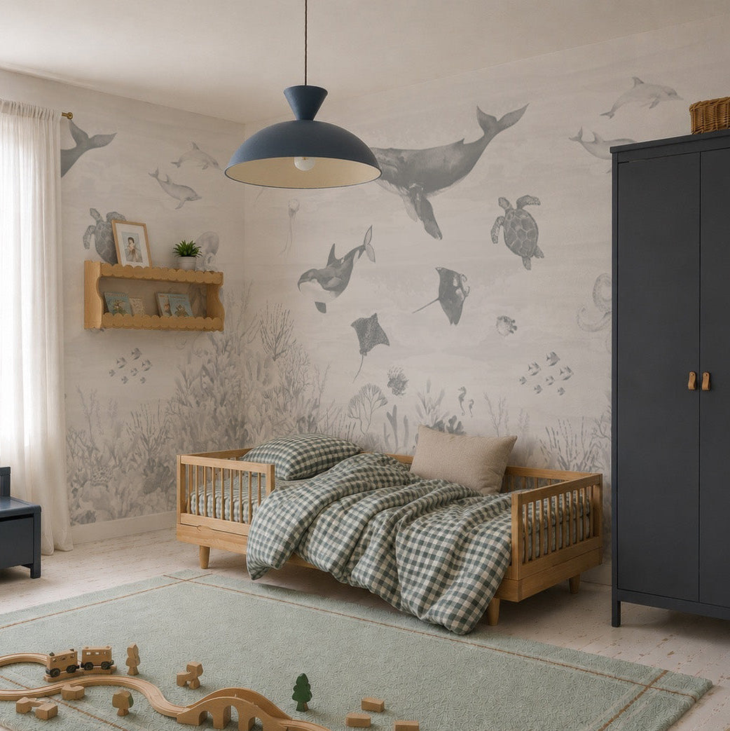 Children’s bedroom with a wooden bed, green checkered bedding, toy train on a green rug, and a wall mural featuring whales, turtles, and sea creatures. The captivating Ocean Magic Mural, Blue brings the underwater world to life, while a shelf and dark wardrobe are also visible.