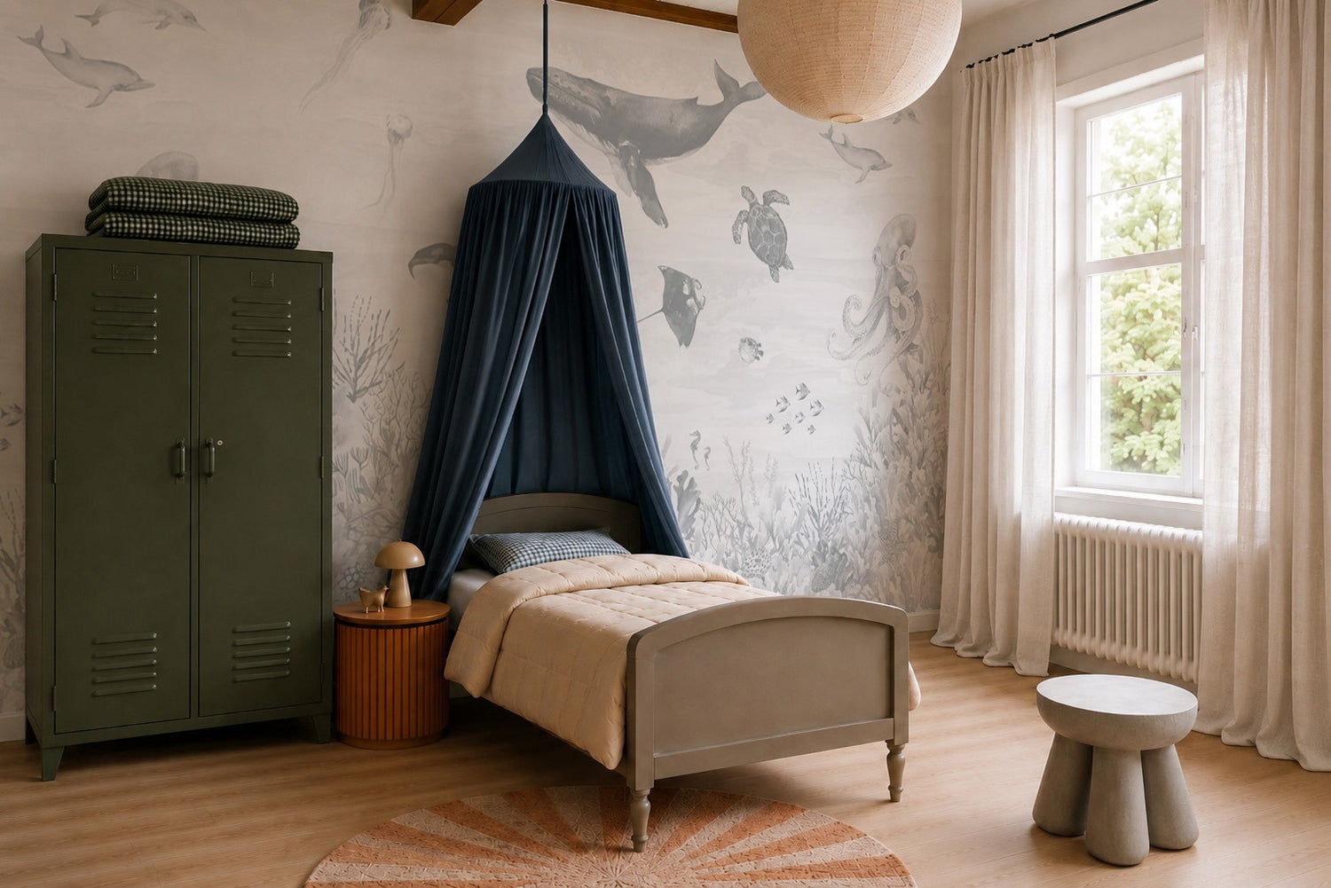A cozy kids bedroom featuring the eye-catching Ocean Magic Mural in Blue, a green locker wardrobe, a bed with a navy canopy, a side table, a lamp, a round rug, a stool, and a large window with white curtains.