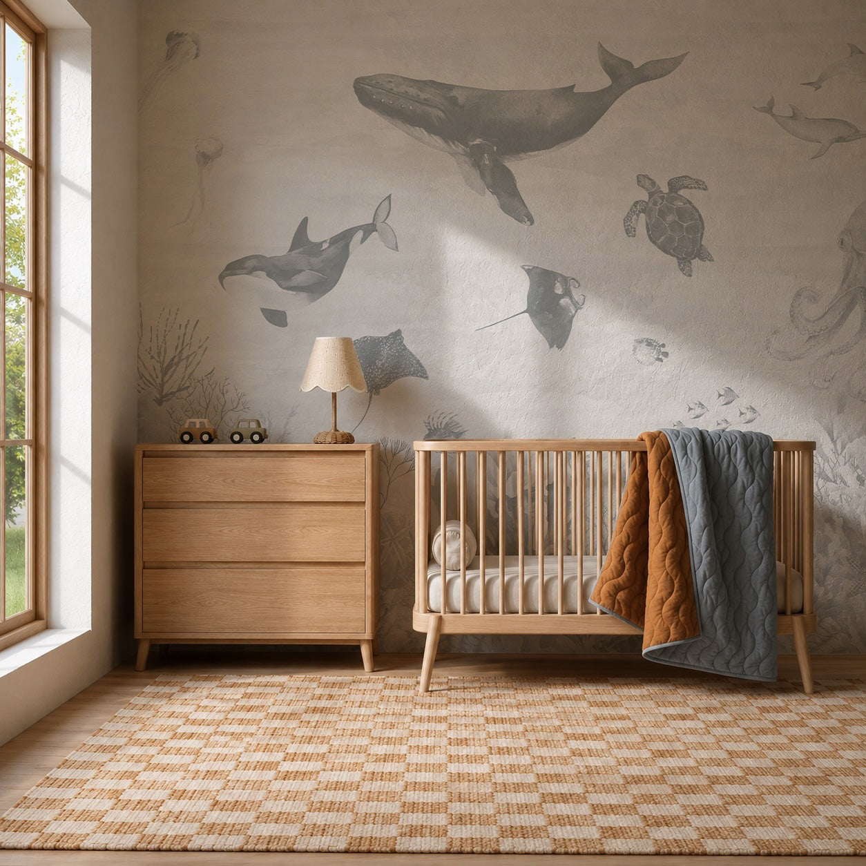 A cozy nursery with a wooden crib, dresser, lamp, toy car, and blanket. The wall features the vibrant Ocean Magic Mural in Blue adorned with ocean animal illustrations, including a whale, turtle, and orca. Sunlight streams in through a large window onto a woven rug.