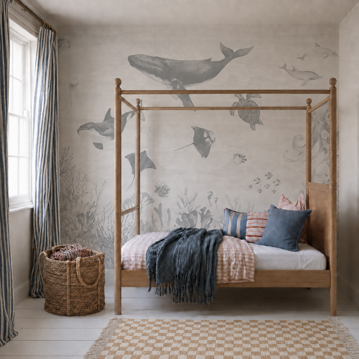 A cozy bedroom with a wooden four-poster bed, blue and pink bedding, a woven basket, striped curtains, and an enchanting Ocean Magic Mural in blue featuring whales, turtles, and fish. Natural light streams through the window.