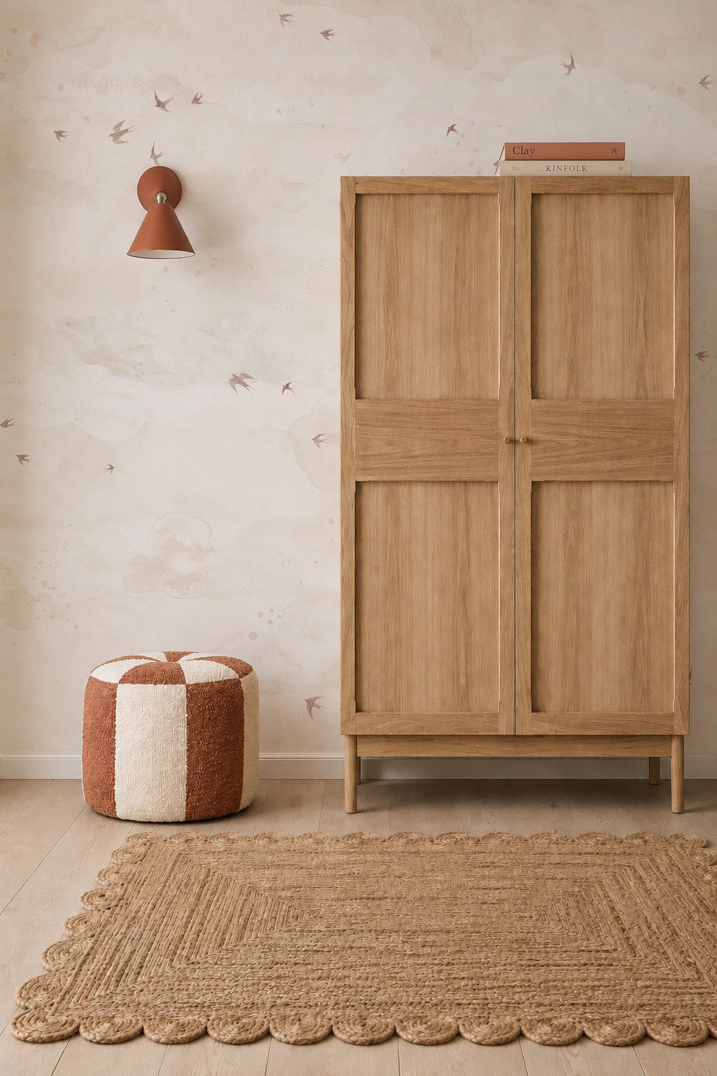Opals Sky Birds Mural, Sand, featuring small flying birds in earth tones, displayed in a room with a wooden wardrobe, a checkered ottoman, and a braided rug.