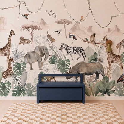 A children’s room featuring the Paradise Jungle Mural, an illustrated wallpaper showcasing jungle animals like giraffes, elephants, lions, zebras, and birds surrounded by lush leaves, paired with a blue bench and a checkered rug on the floor.
