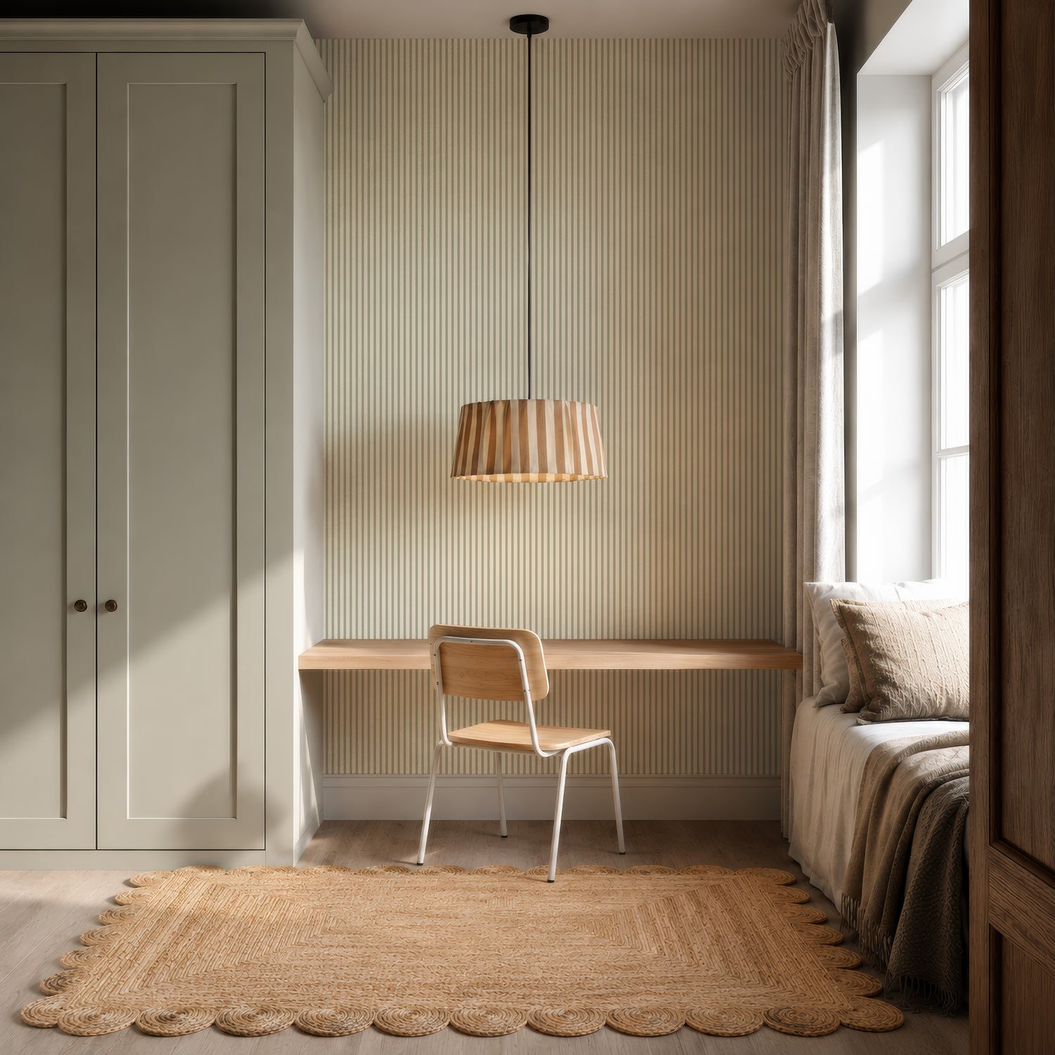 Minimalist workspace with a wooden desk, simple chair, and pendant lamp. A window seat with cushions is on the right, enhanced by Pico Stripe Wallpaper in Green that adds a fresh, subtle pattern to the room. A scalloped rug lies on the floor while light flows in from a large window.
