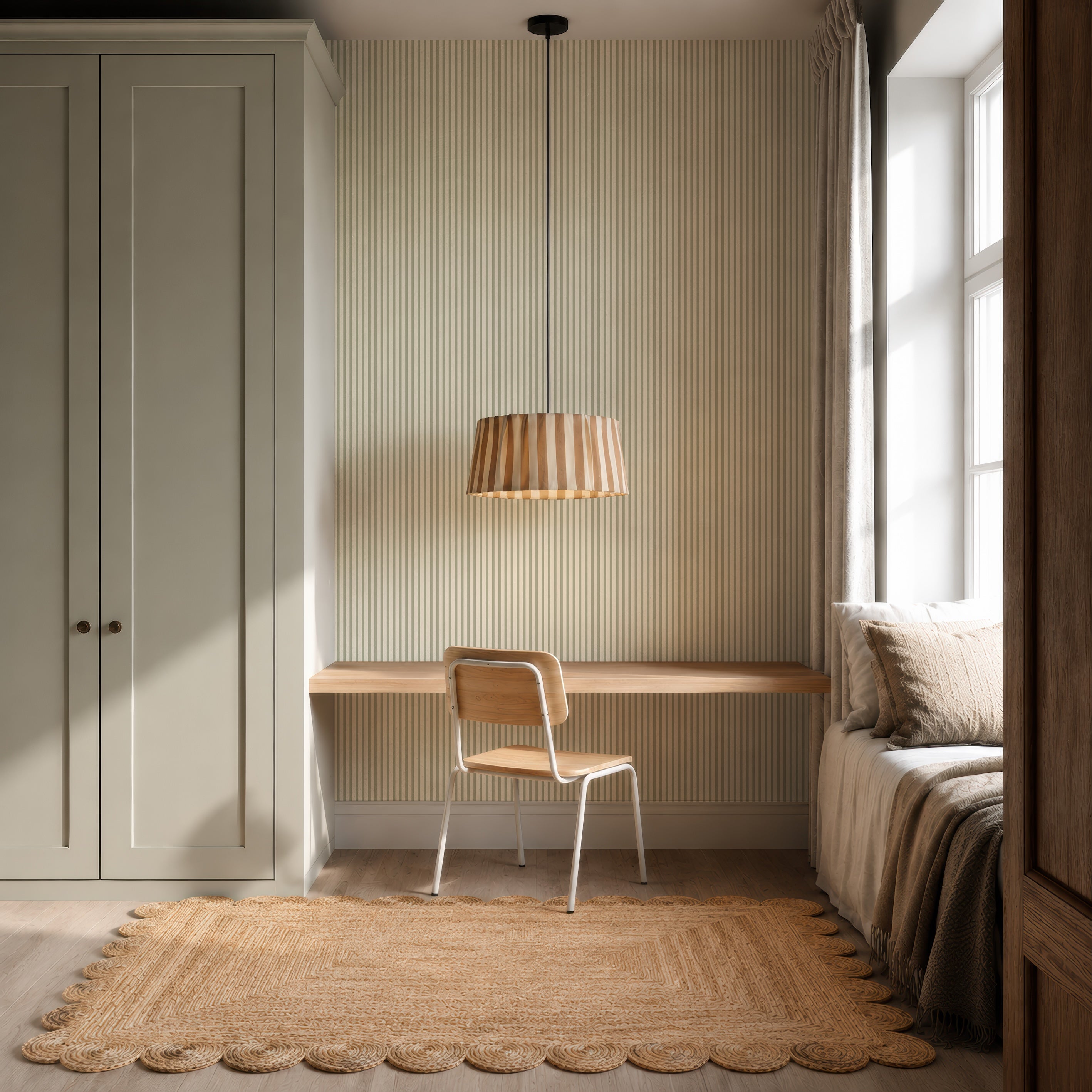 Minimalist workspace with a wooden desk, simple chair, and pendant lamp. A window seat with cushions is on the right, enhanced by Pico Stripe Wallpaper in Green that adds a fresh, subtle pattern to the room. A scalloped rug lies on the floor while light flows in from a large window.