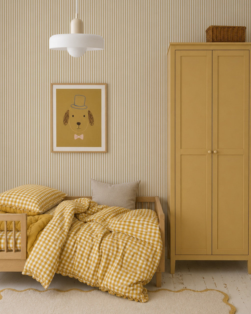 A cozy children’s bedroom features Pico Stripe Wallpaper in yellow, gingham bedding, a wooden bed and wardrobe, a beige cushion, a pendant light, and a framed dog-in-hat illustration.
