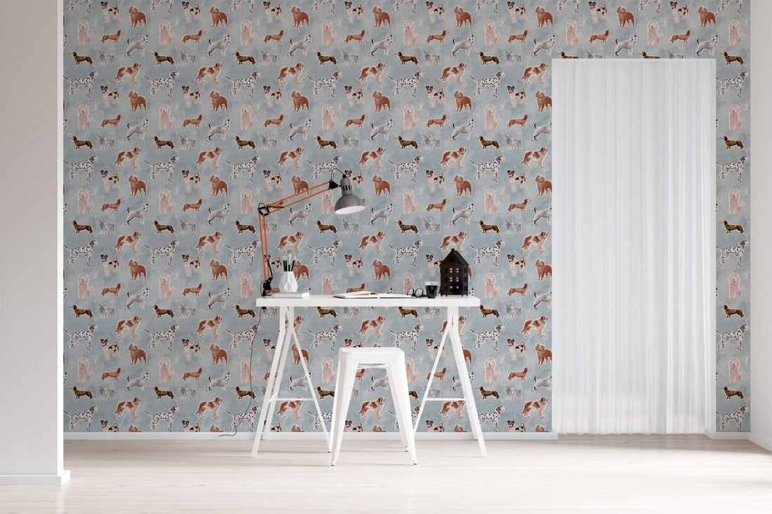 Rigby Dog Print Wallpaper Blue | Sample - Munks and Me Wallpaper