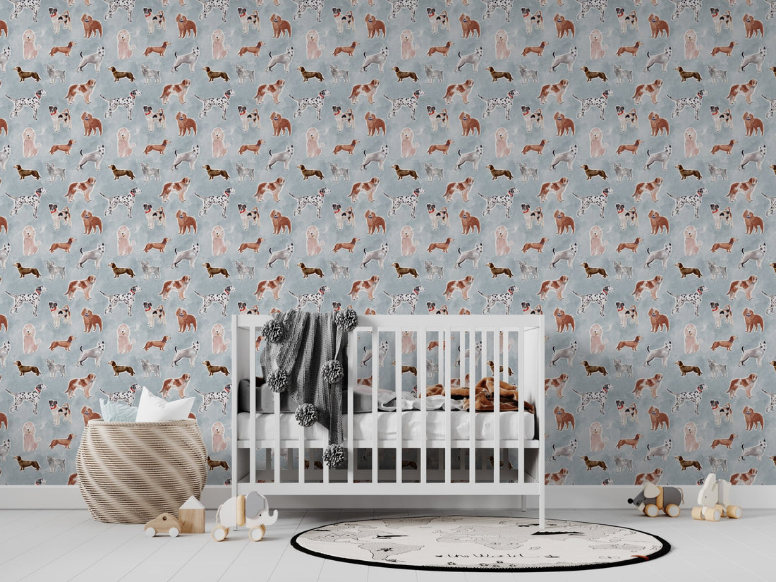 Rigby Dog Print Wallpaper Repeat Pattern | Blue - Munks and Me Wallpaper